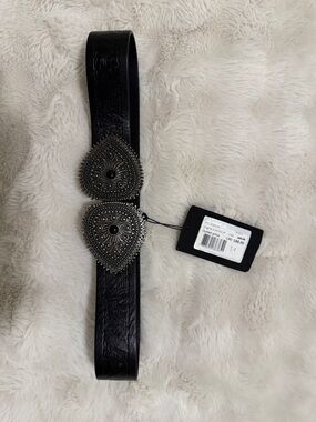 The Kooples Black Leather Belt with Ornate Silver-Tone Teardrop Buckles